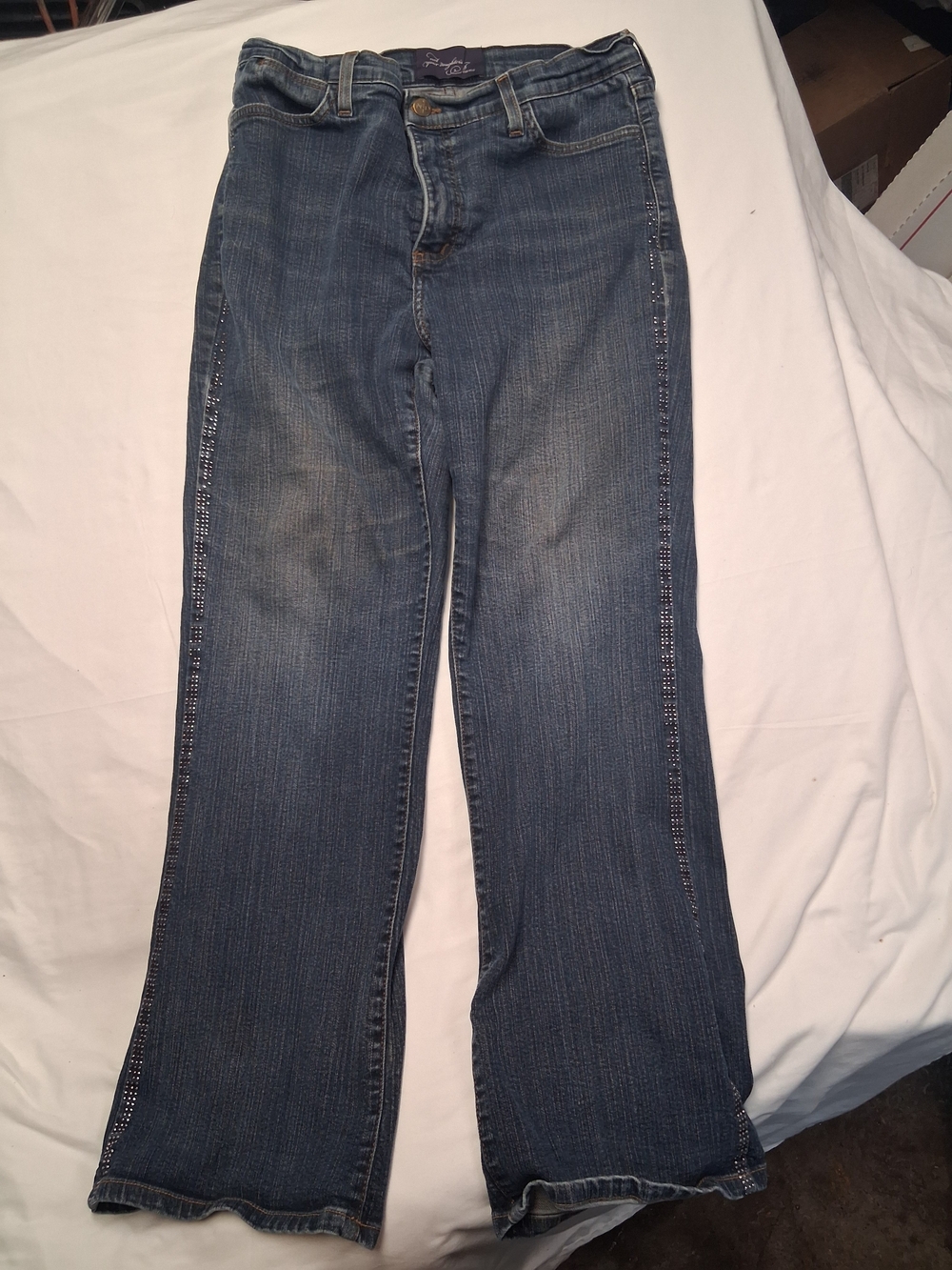 NYDJ Dark Blue Wide-Leg Jeans with Side Crystal Accents